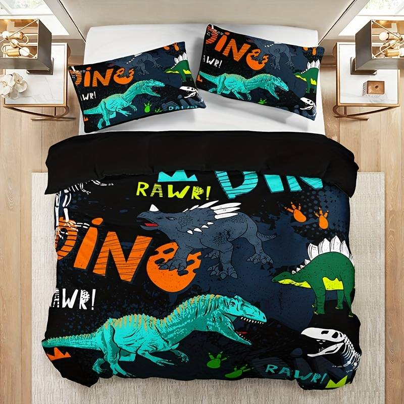 Dinosaur Bedding Set Dino Rawr Fossil Graphic Pattern Duvet Covers Black