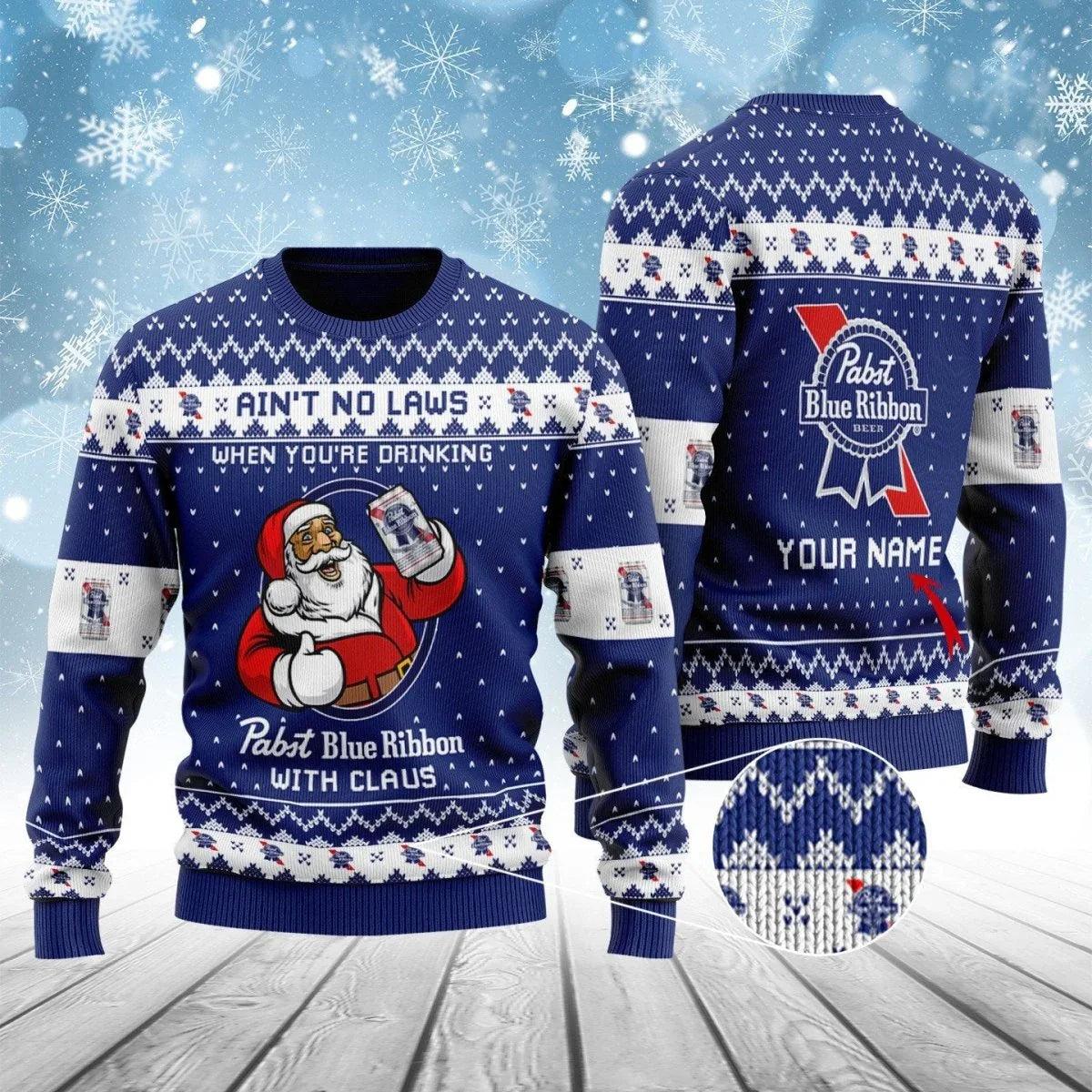 Personalized Pabst Blue Ribbon With Claus Ugly Christmas Sweater