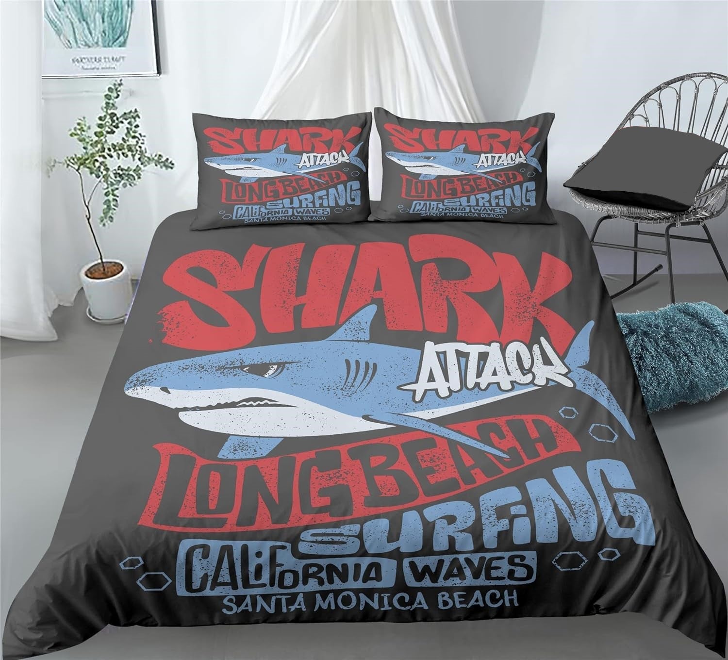 Shark Bedding Set Shark Attack Long Beach Surfing Duvet Covers