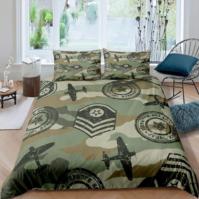 Veteran Bedding Set Army Symbol Camouflage Airplane Pattern Duvet Covers