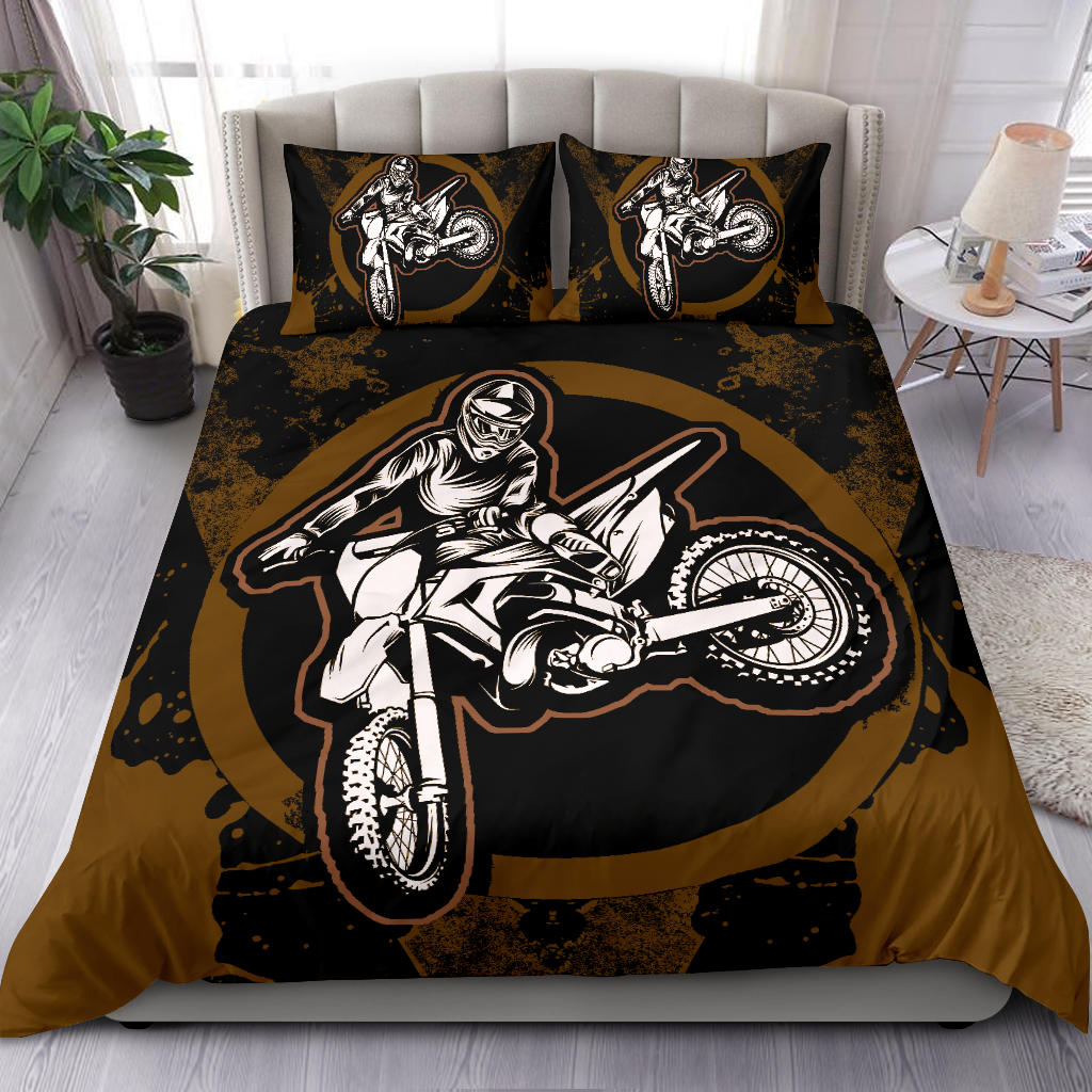 Motorcycle Bedding Set Motocross Biker Silhouette Pattern Duvet Covers Black