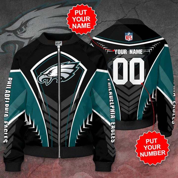 Philadelphia Eagles Custom Name Number Black Green Bomber Jacket