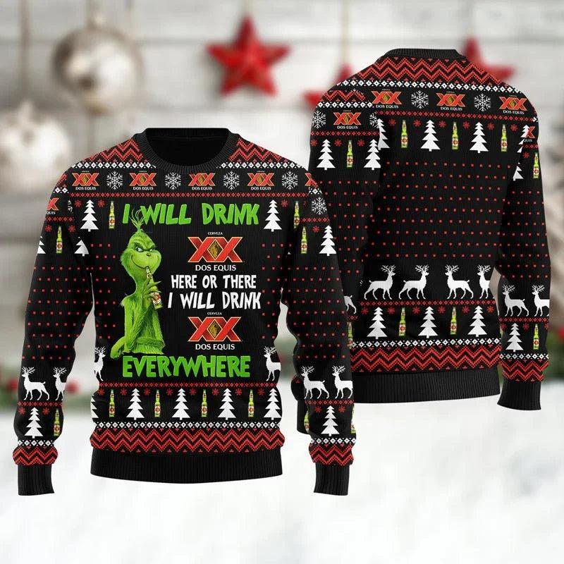 Dos Equis Grinch Will Drink Everywhere Ugly Christmas Sweater