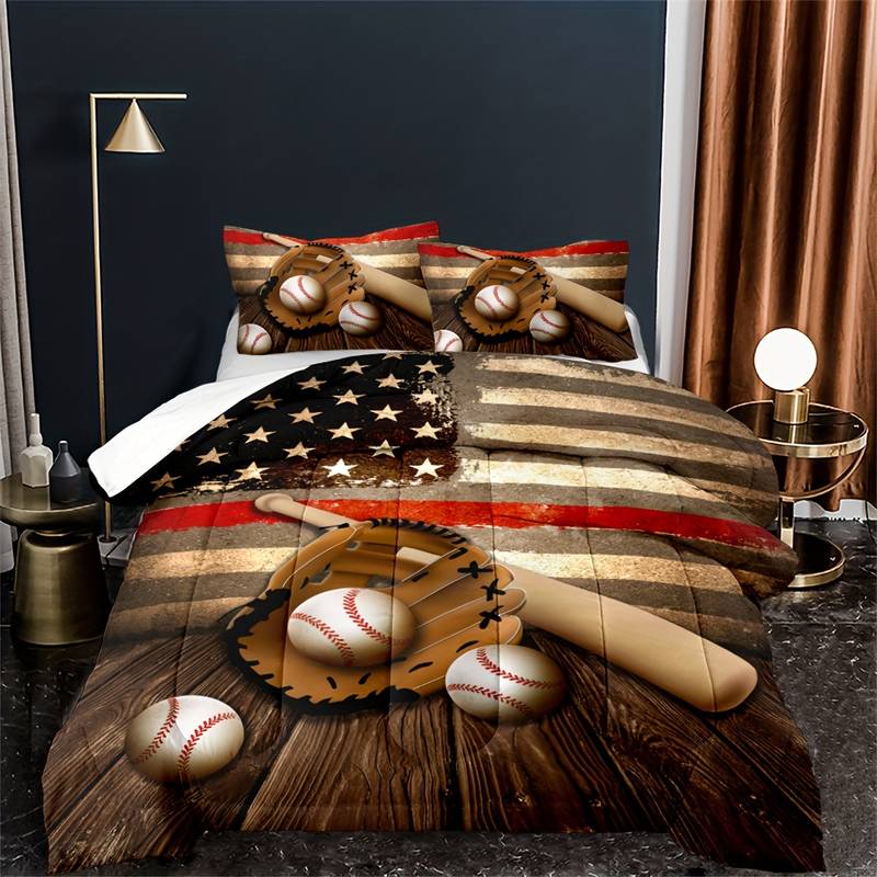 Baseball Bedding Set Retro American Flag Baseball And Bat Duvet Covers