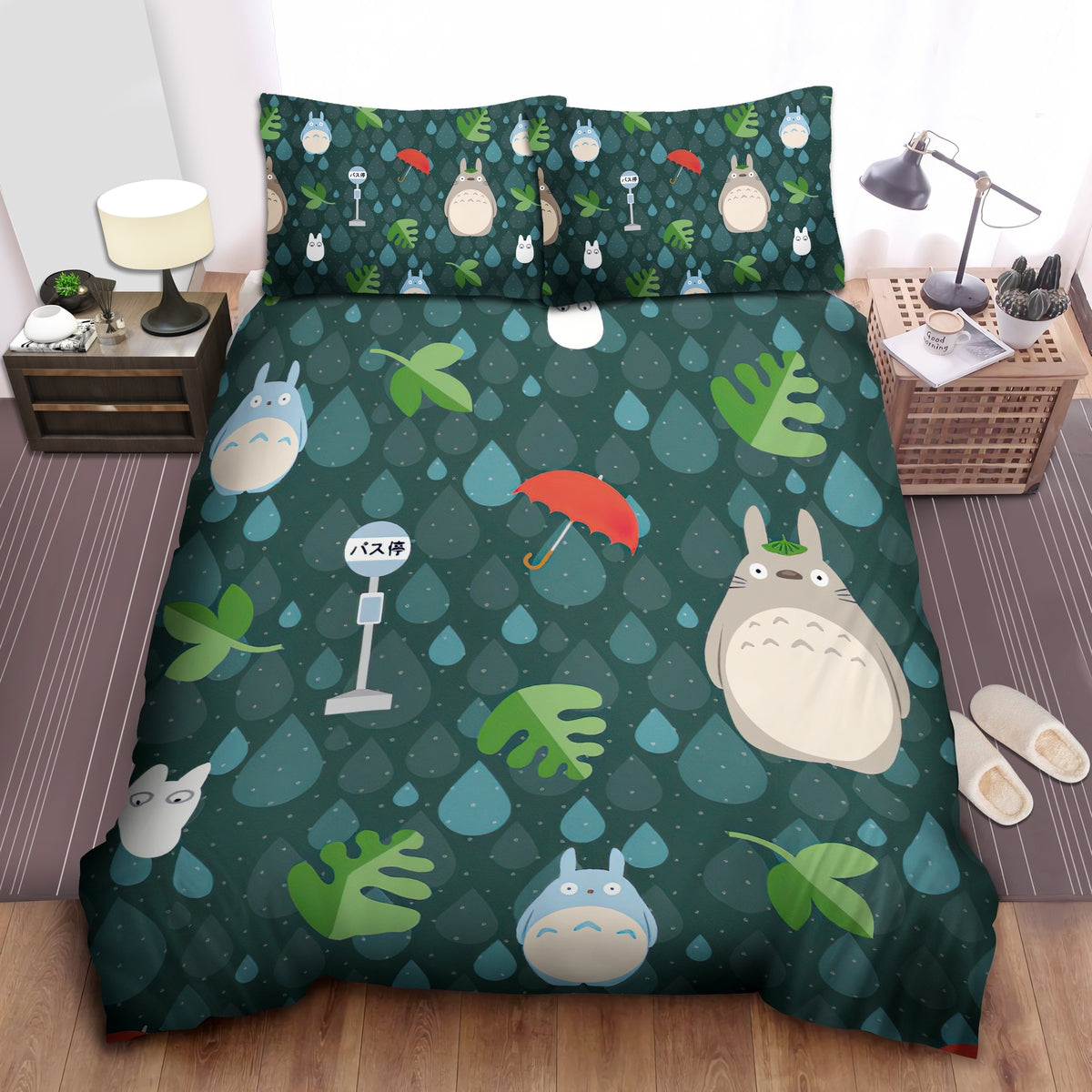 SGhibli Bedding Set My Neighbor Totoro Rain Pattern Duvet Covers Green
