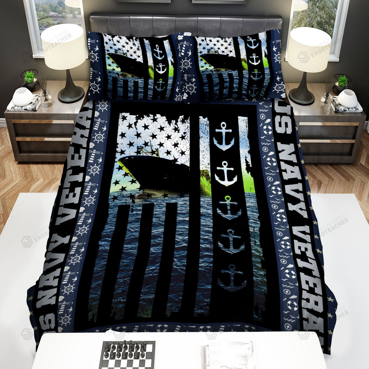 Veteran Bedding Set US Navy Veteran Ship American Flag Duvet Covers Black