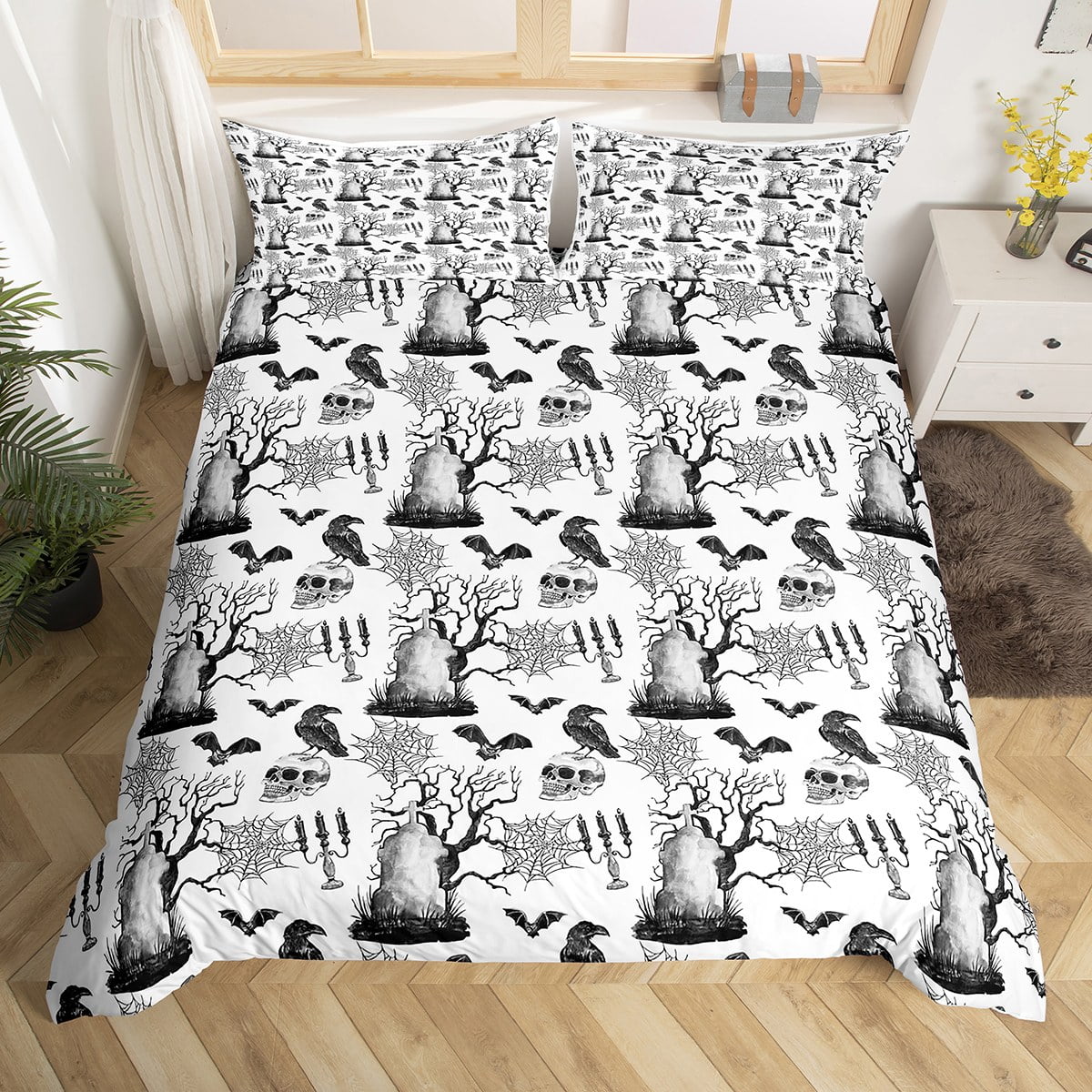 Halloween Bedding Set Skulls Skeleton Bat Spider Web Pattern Duvet Covers