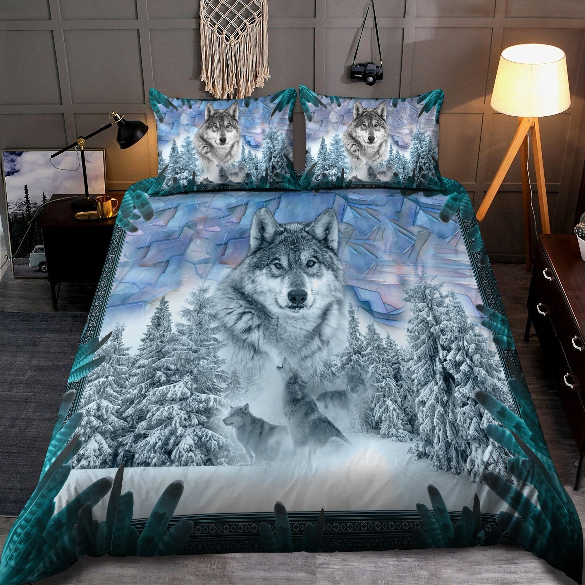 Wolf Bedding Set Wolf In The Ice Pine Forest Duvet Covers Blue
