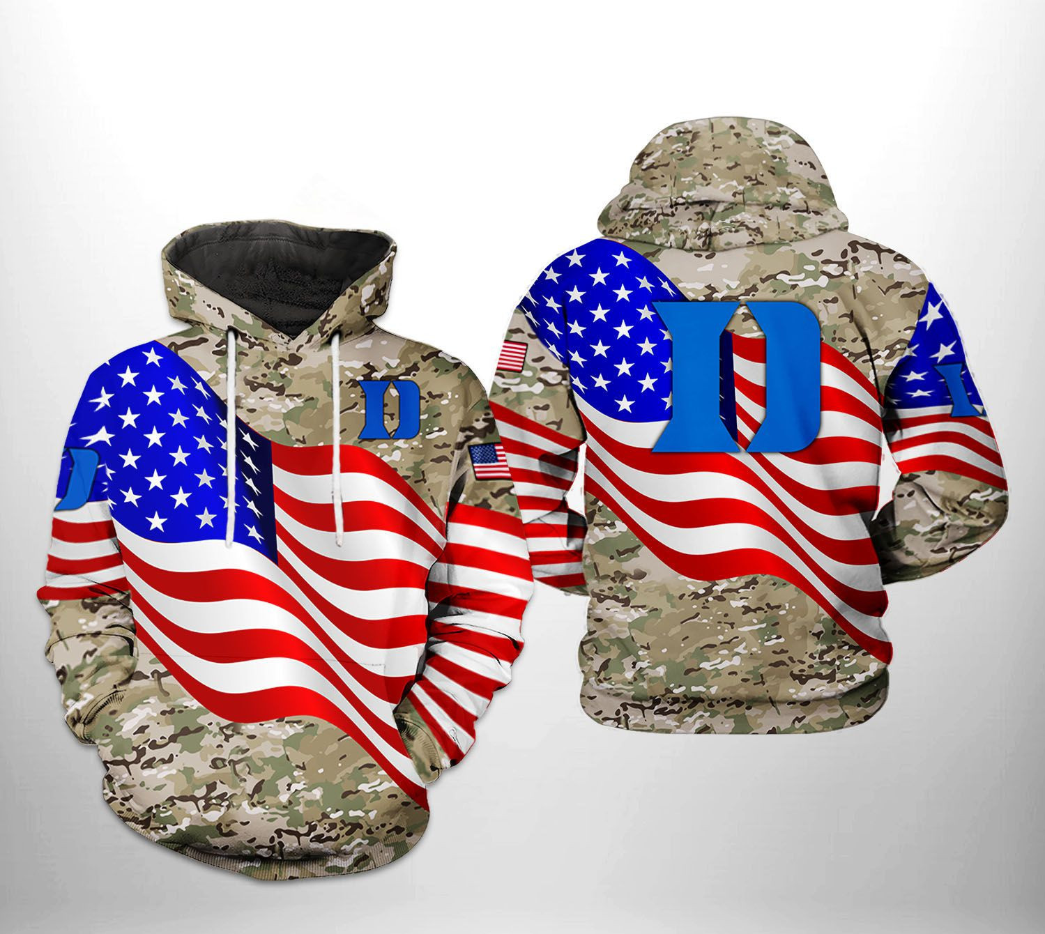 Duke Blue Devils US Flag Camo Veteran 3D All Over Print Hoodie & Zip Hoodie