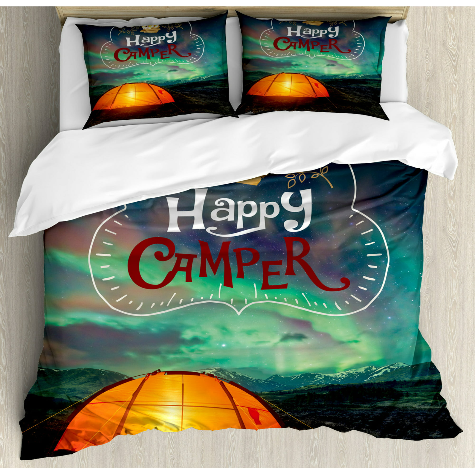 Camping Bedding Set Happy Camper Tent Under Aurora Borealis Duvet Covers Green