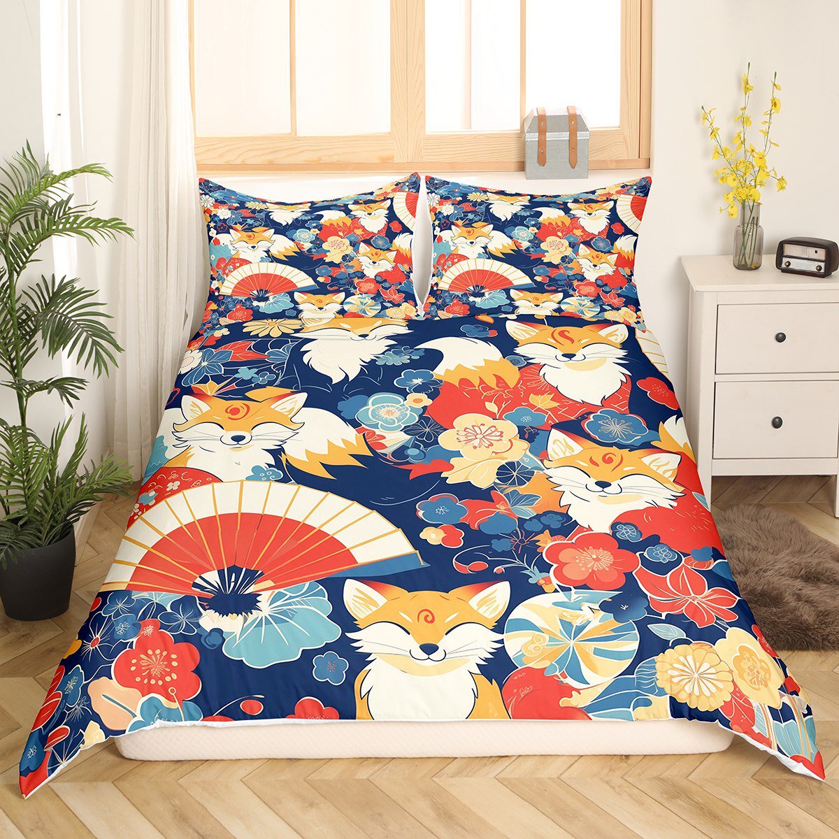 Japan Bedding Set Japanese Cherry Blossoms Fox Pattern Duvet Covers