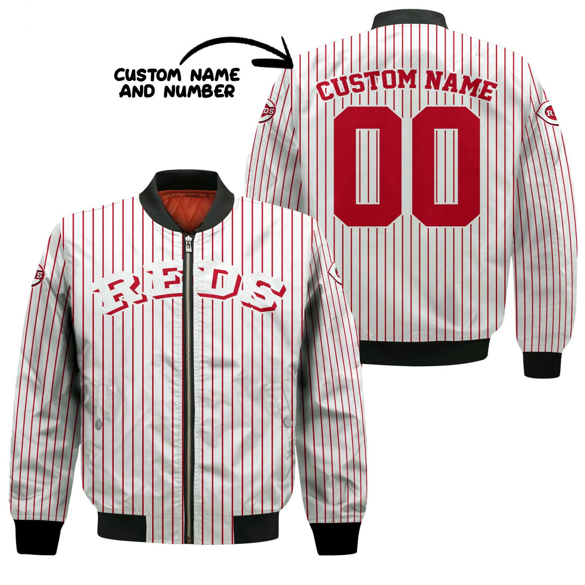 Cincinnati Reds Custom Name Number Uniform Stripes Bomber Jacket