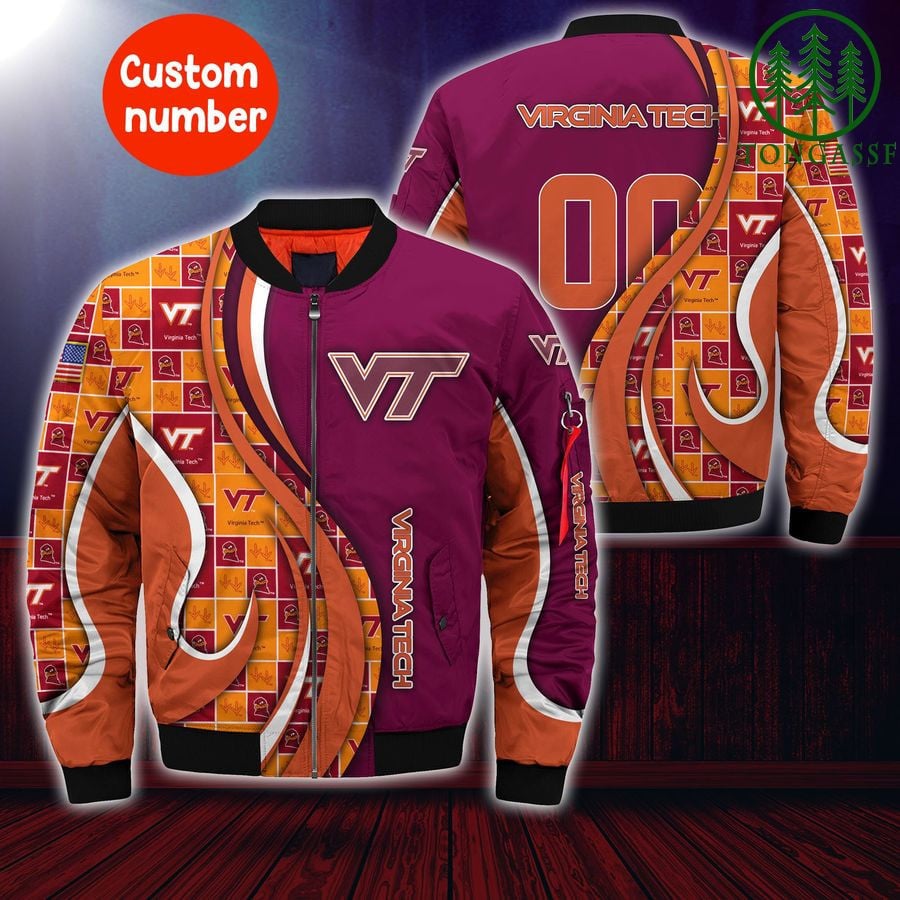 Virginia Tech Hokies Custom Number Maroon Orange Bomber Jacket V2