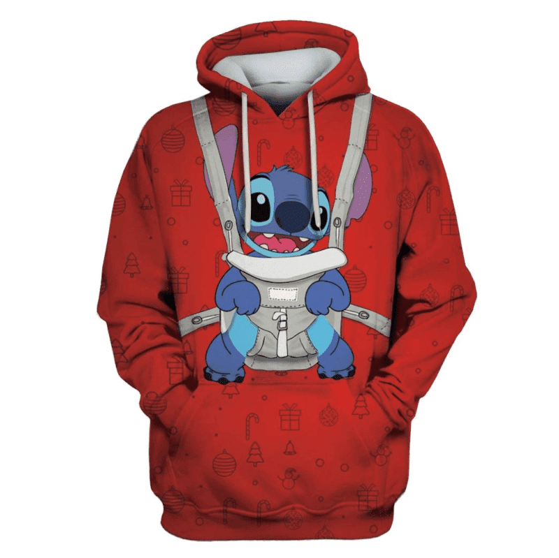 Stitch Hoodie Stitch In Baby Carrier Christmas Pattern Red 3d Hoodie Zip Hoodie