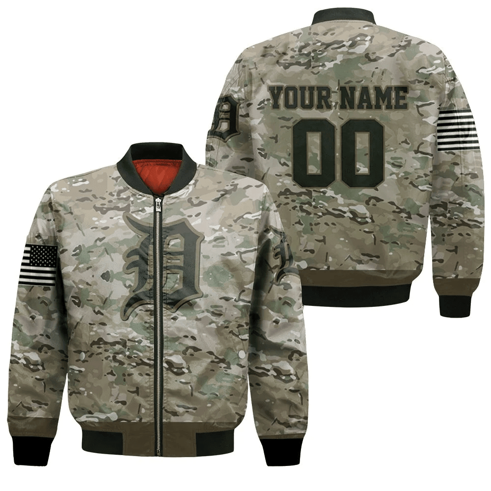 Detroit Tigers Custom Name Number Camo Bomber Jacket