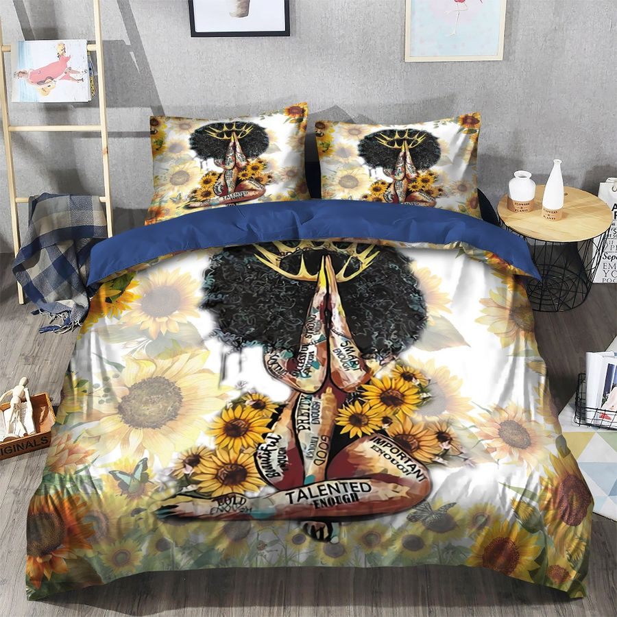 Africa Americans Bedding Set Proud Black Queen Sunflower Pattern Duvet Covers White