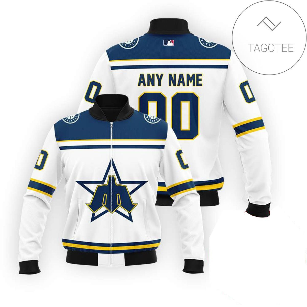 Seattle Mariners Custom Name Number White Navy Bomber Jacket