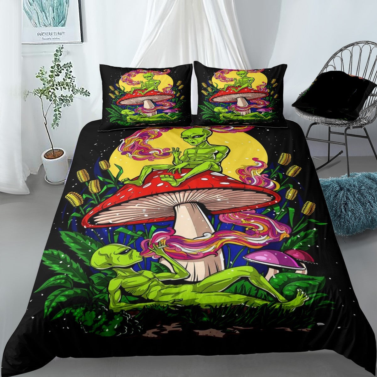 Alien Bedding Set Aliens Magic Mushroom Weed Duvet Covers