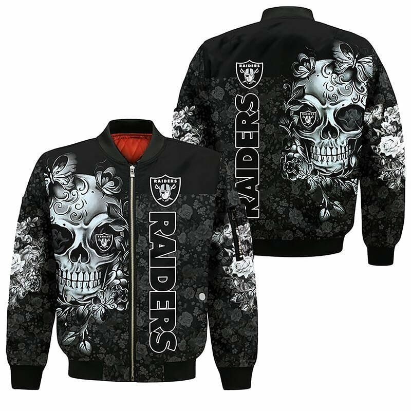 Las Vegas Raiders Silver Skull Black Bomber Jacket V3