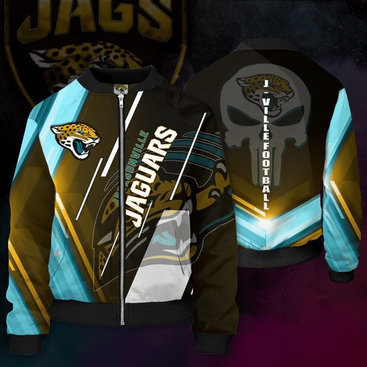 Jacksonville Jaguars Punisher Skull Teal Gold Bomber Jacket