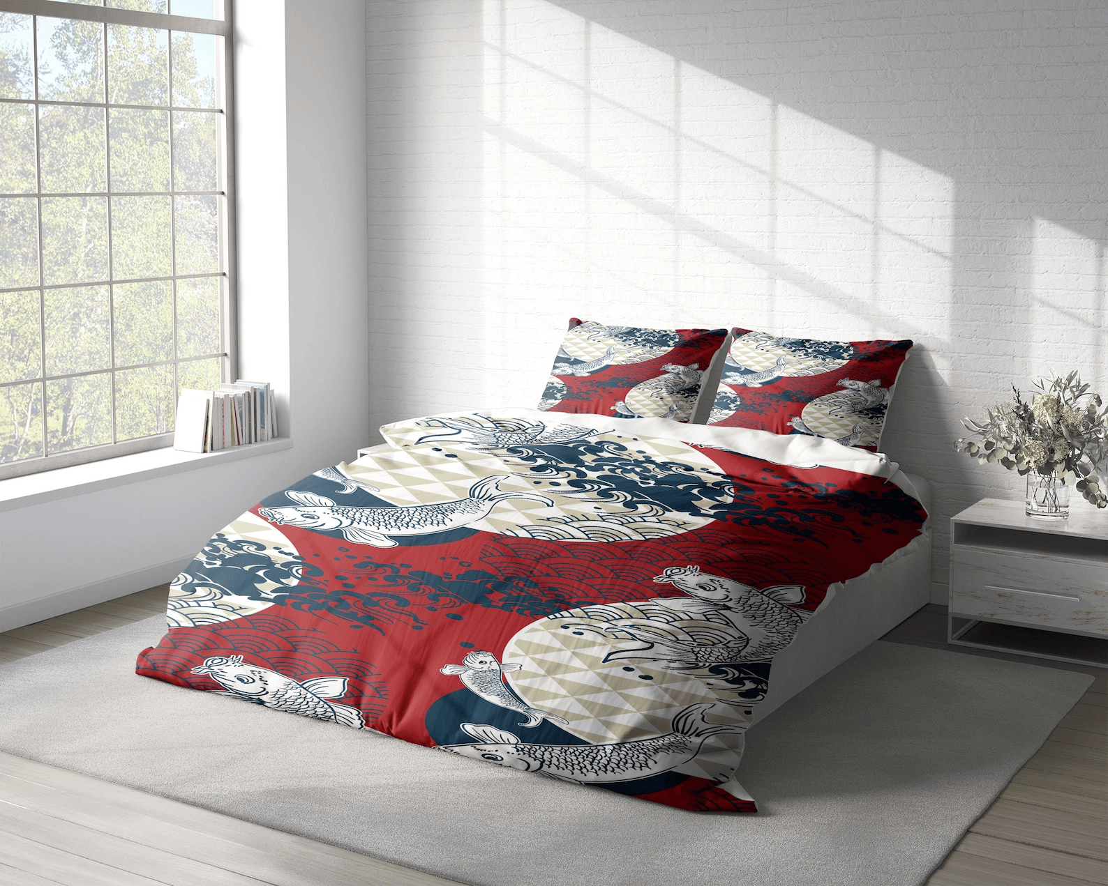 Japan Bedding Set Japanese Traditional Koi Fish Art Duvet Covers Red