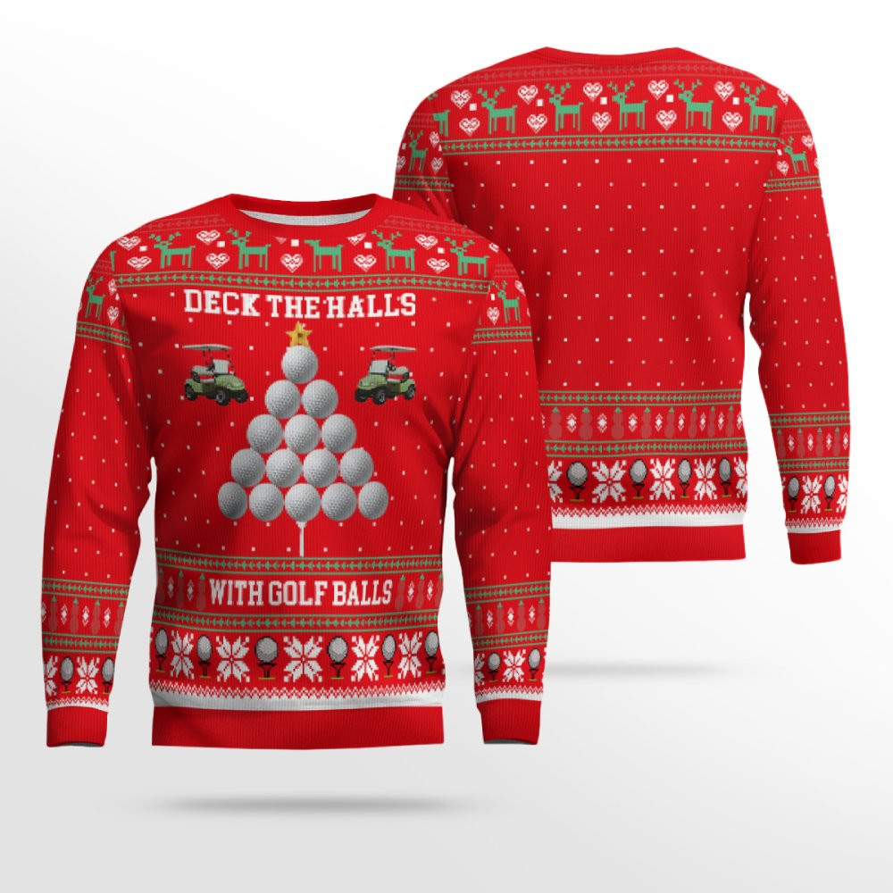 2025 Christmas Deck the Halls with Golf Balls Ugly Sweater Red