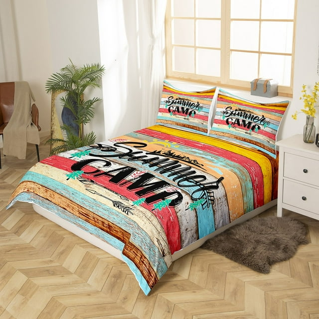 Camping Bedding Set Summer Camp Retro Rustic Wooden Duvet Covers