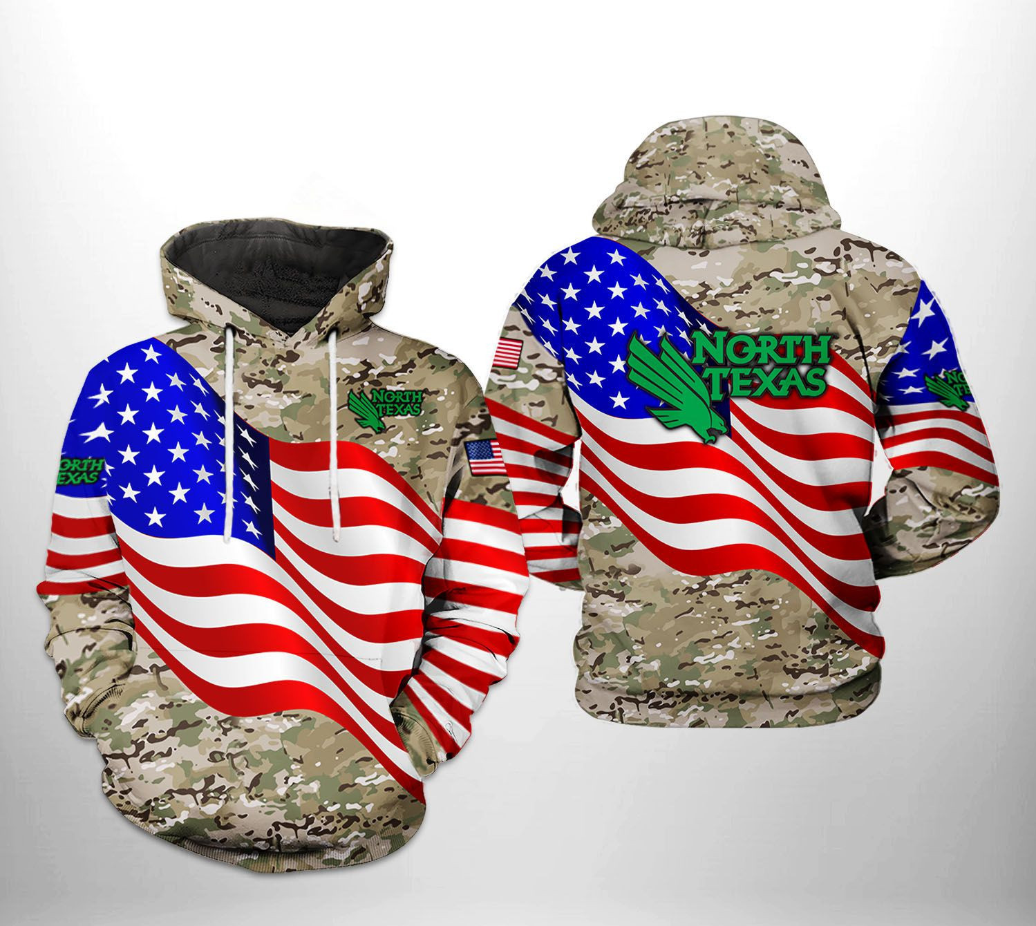 North Texas Mean Green US Flag Camo Veteran 3D All Over Print Hoodie & Zip Hoodie