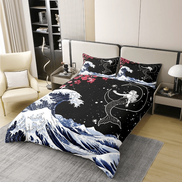 Mermaid Bedding Set Mermaid And The Great Wave Duvet Covers Black