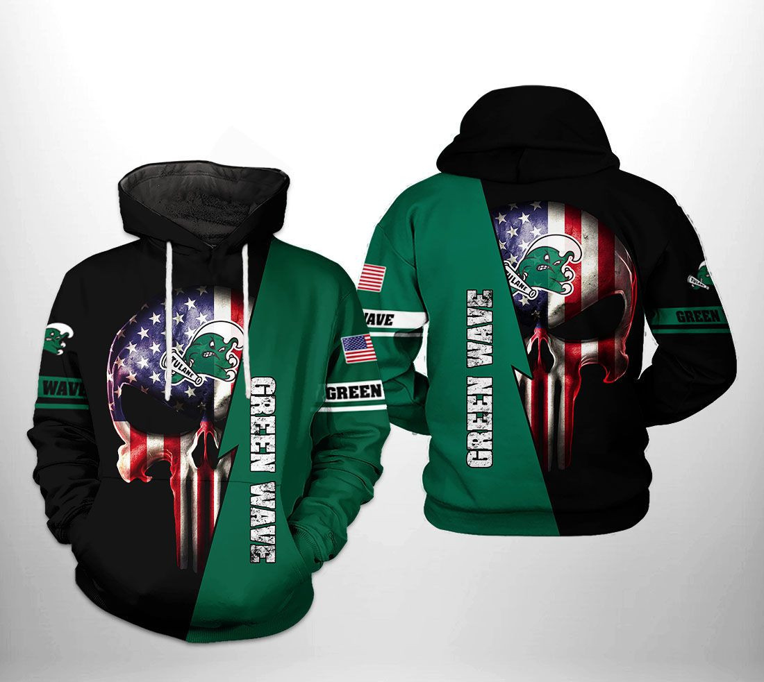 Tulane Green Wave US Flag Skull 3D All Over Print Hoodie & Zip Hoodie