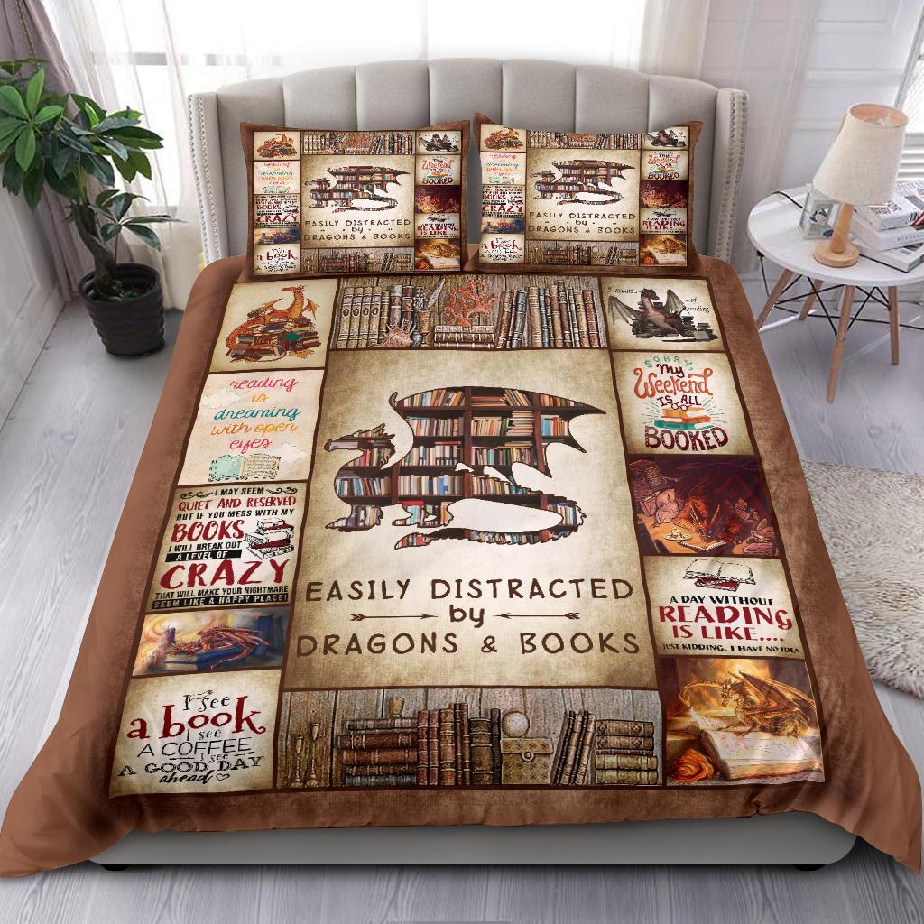 Book Bedding Set Easily Distracted By Books And Dragons Duvet Covers