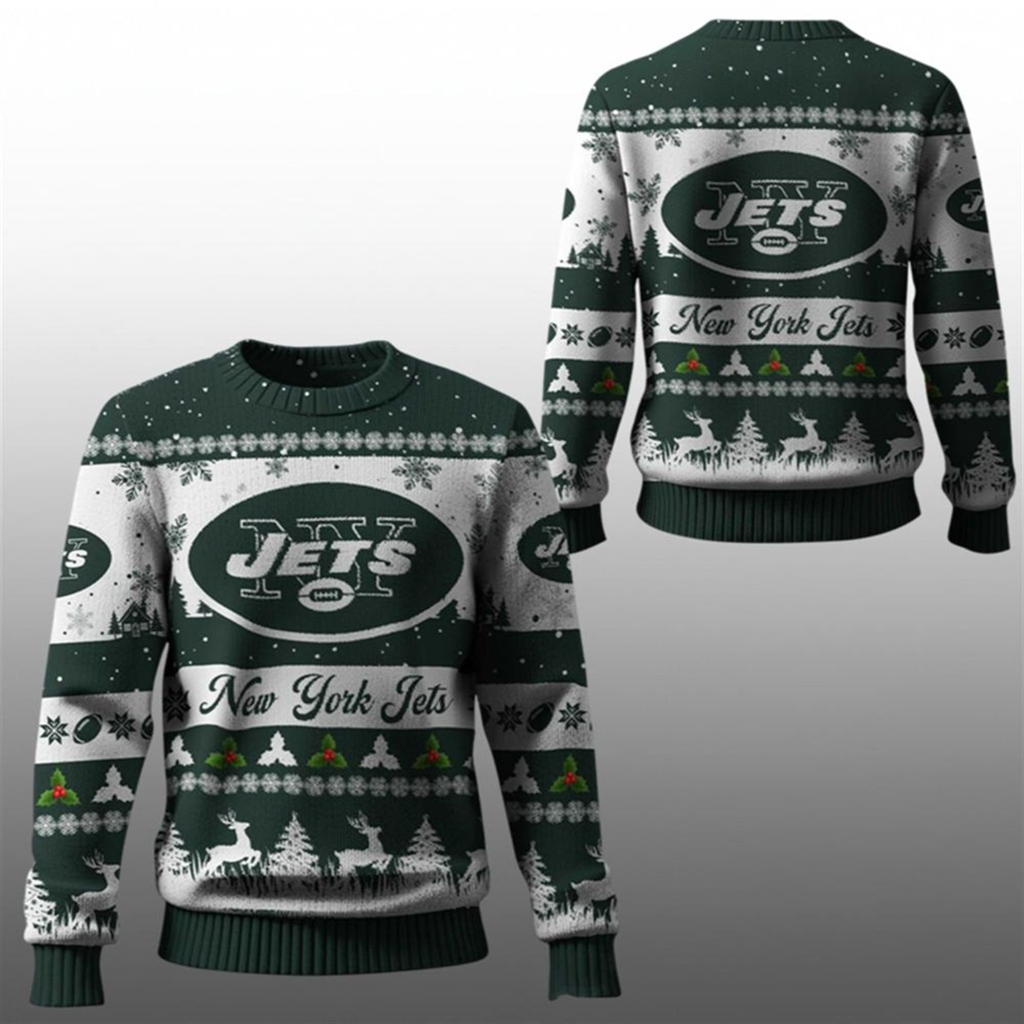 2025 Christmas NY Jets Festive Reindeer Tree Ugly Sweater