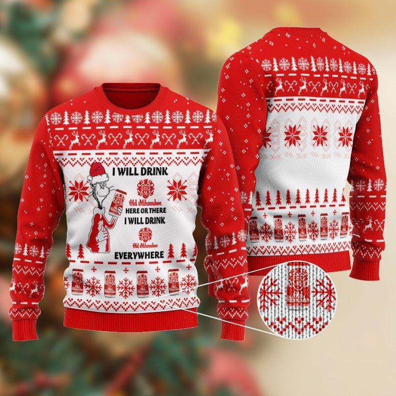 Old Milwaukee Cat Hat Will Drink Everywhere Ugly Christmas Sweater