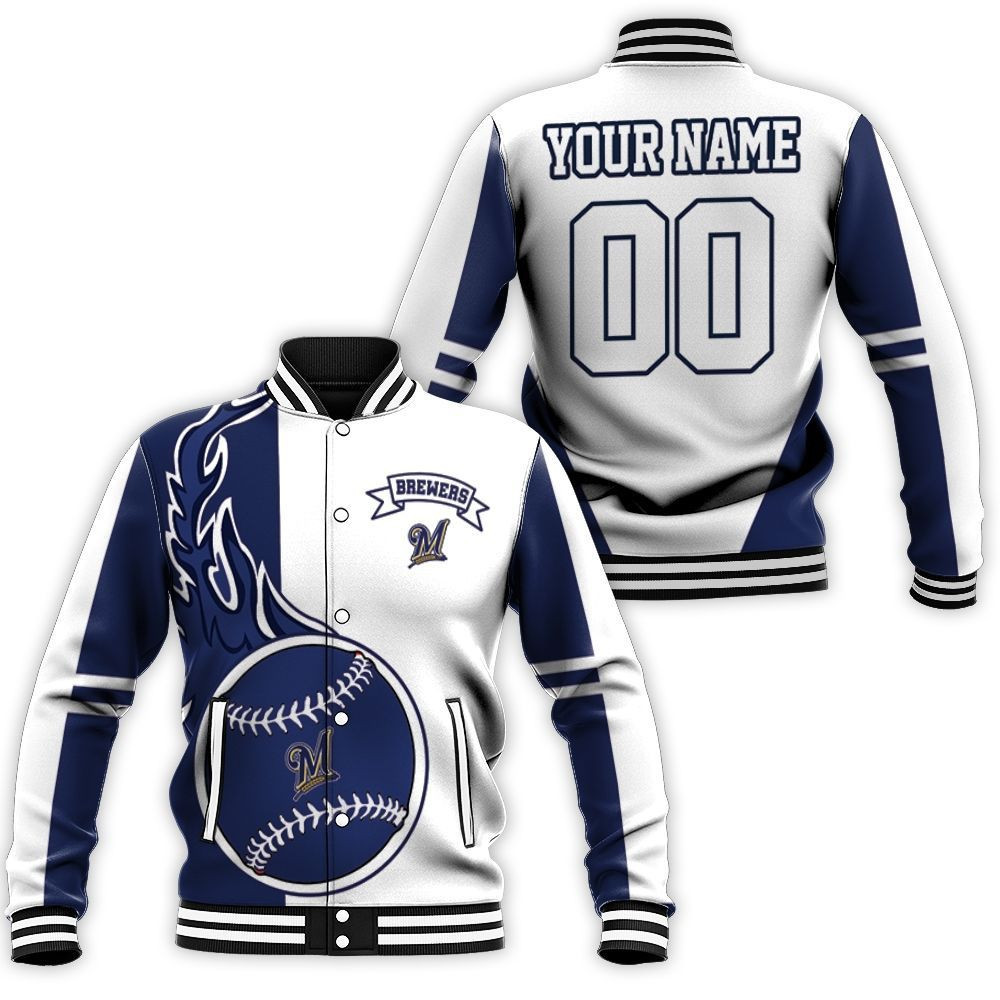 Milwaukee Brewers Custom Name Number White Navy Blue Baseball Jacket
