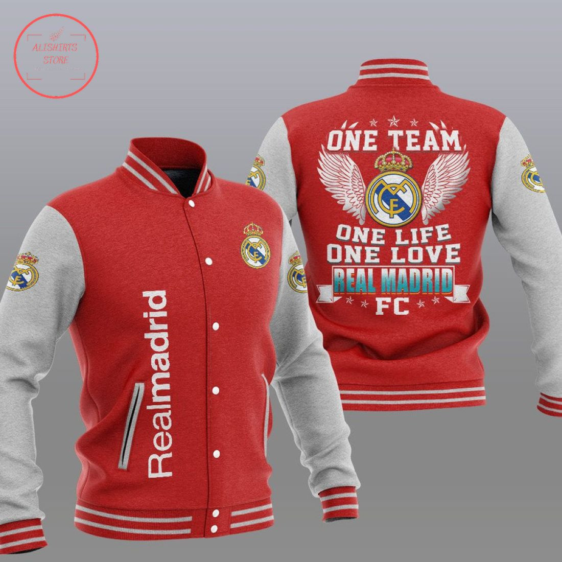Real Madrid Red Grey One Team Baseball Jacket