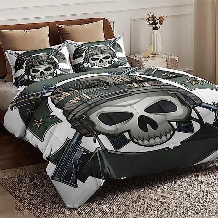Veteran Bedding Set Skull Soldier Veteran Camo Pattern Duvet Covers White