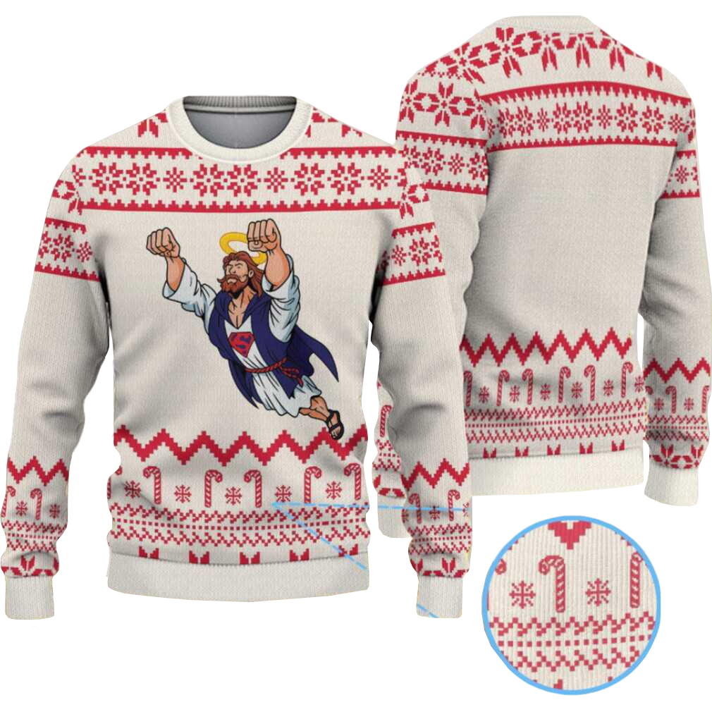 2025 Candy Cream and Red Super Jesus Ugly Christmas Sweater