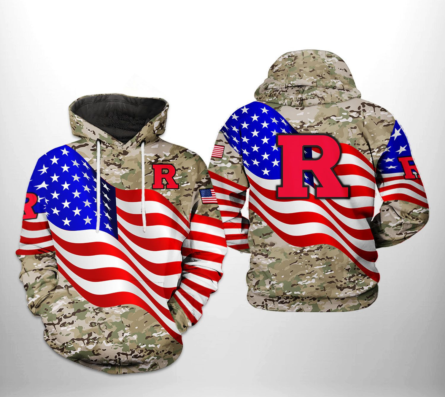 Rutgers Scarlet Knights US Flag Camo Veteran 3D All Over Print Hoodie & Zip Hoodie