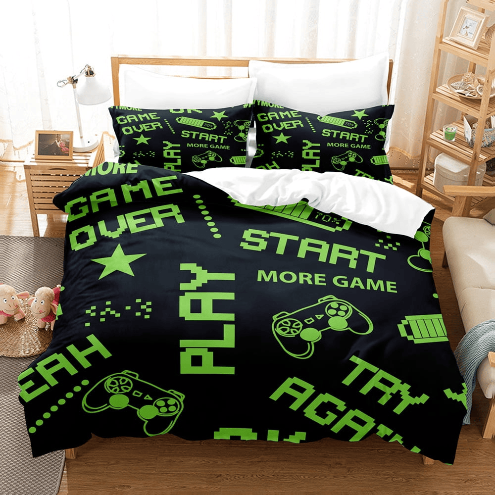 Game Bedding Set Play Start Try Again More Game Duvet Covers Black