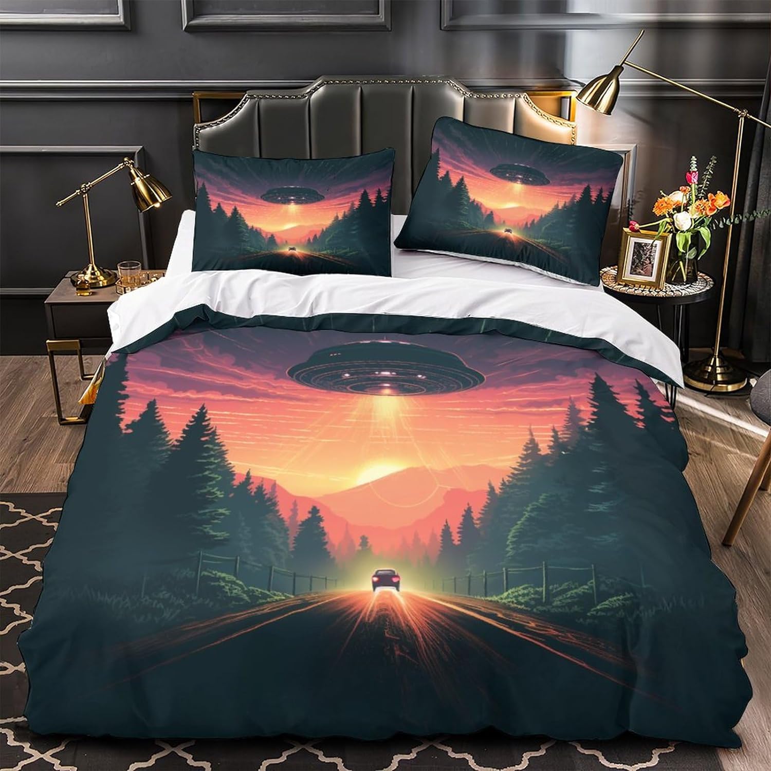 UFO Bedding Set UFO With Car On The Road Duvet Covers Black