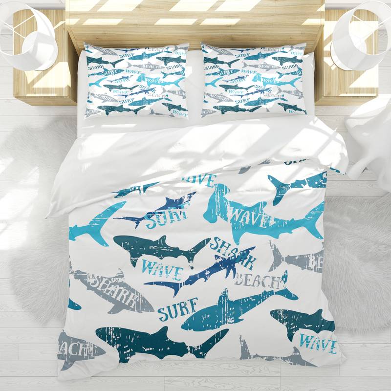 Shark Bedding Set Wave Surf Shark Silhouette Pattern Duvet Covers White