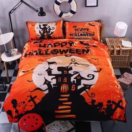Halloween Bedding Set Happy Halloween Horror Mansion Duvet Covers Orange