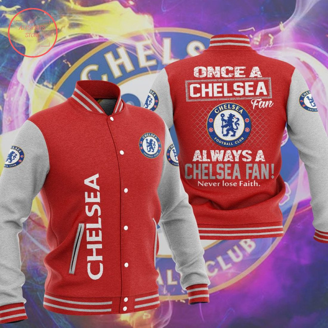 Chelsea FC Red Grey Never Lose Faith Baseball Jacket
