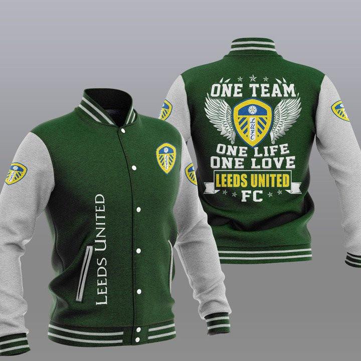 Leeds United One Team One Life One Love Green Baseball Jacket