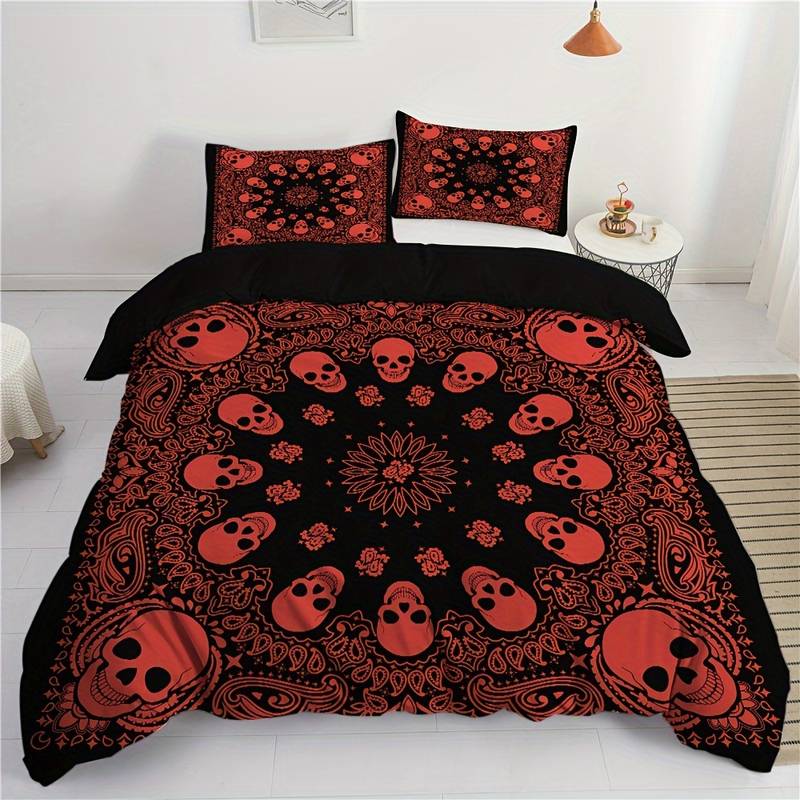 Skull Bedding Set Mandala Style Skull Head Pattern Duvet Covers Red