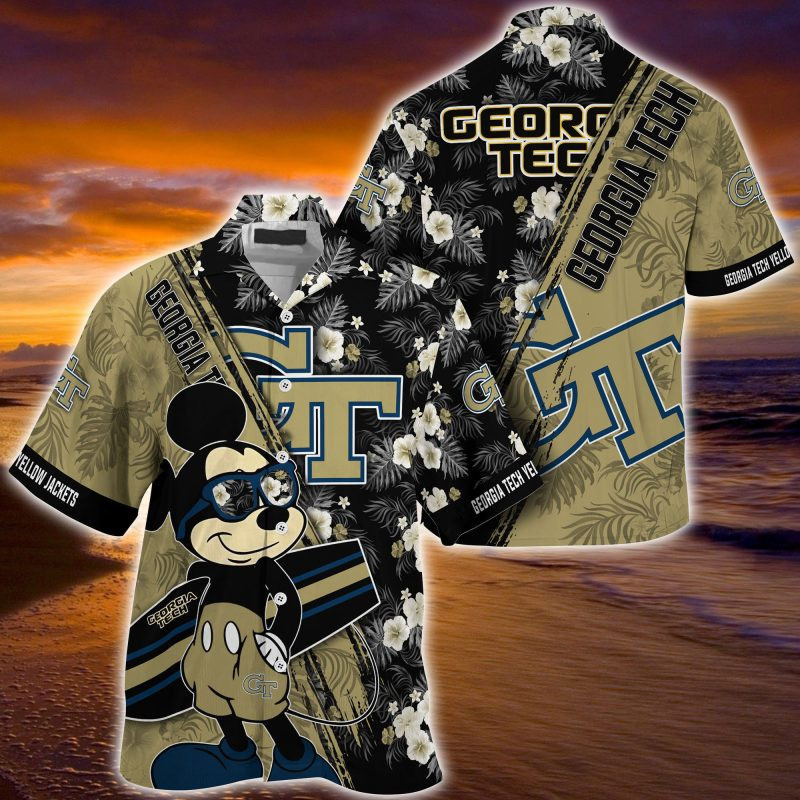 Georgia Tech Yellow Jackets Summer Hawaiian Shirt Mickey And Floral Pattern