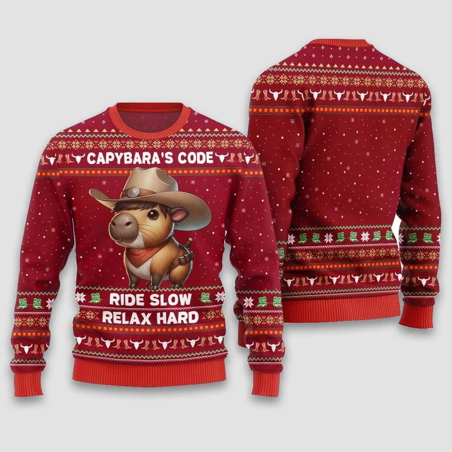 Capybaras Code Ride Slow Relax Hard Ugly Christmas Sweater