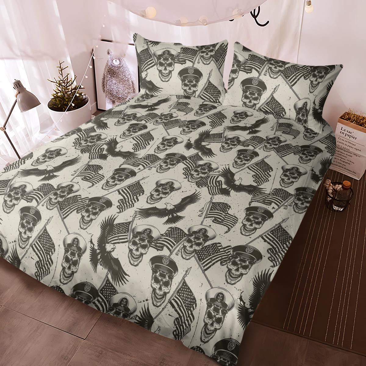 Veteran Bedding Set Military Skull And Flag Pattern Vintage Duvet Covers