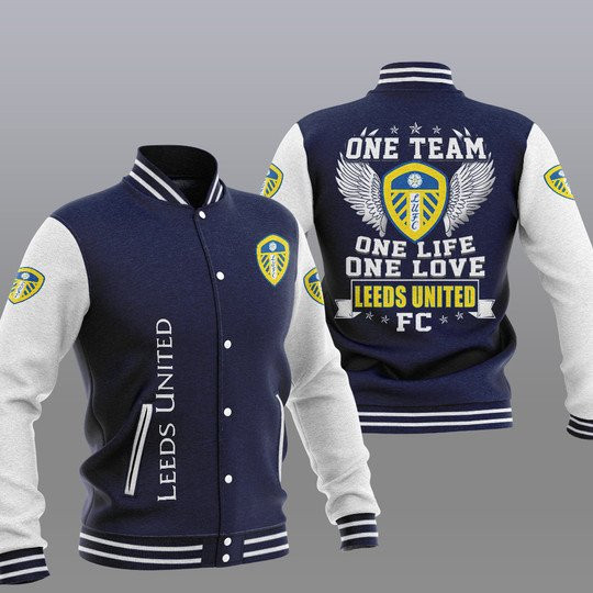 Leeds United One Team One Life One Love Dark Blue Baseball Jacket