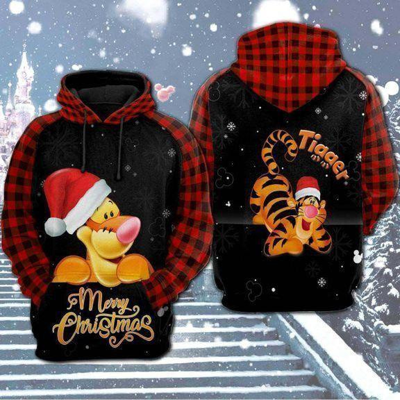Winnie The Pooh Hoodie Tigger Merry Christmas Black Red Plaid 3d Hoodie Zip Hoodie